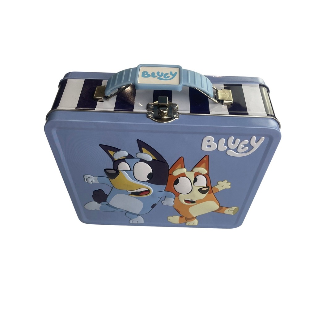 Bluey Bingo Metal Lunch Box Blue Striped Embossed Tin Tote with Handle Latch